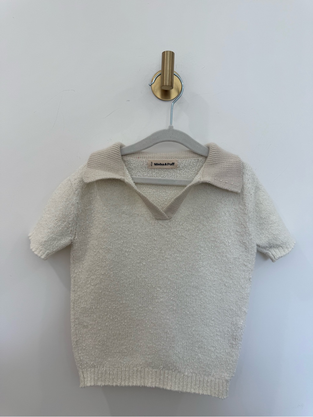 Cream Short-Sleeve Collared Knit Top For Kids